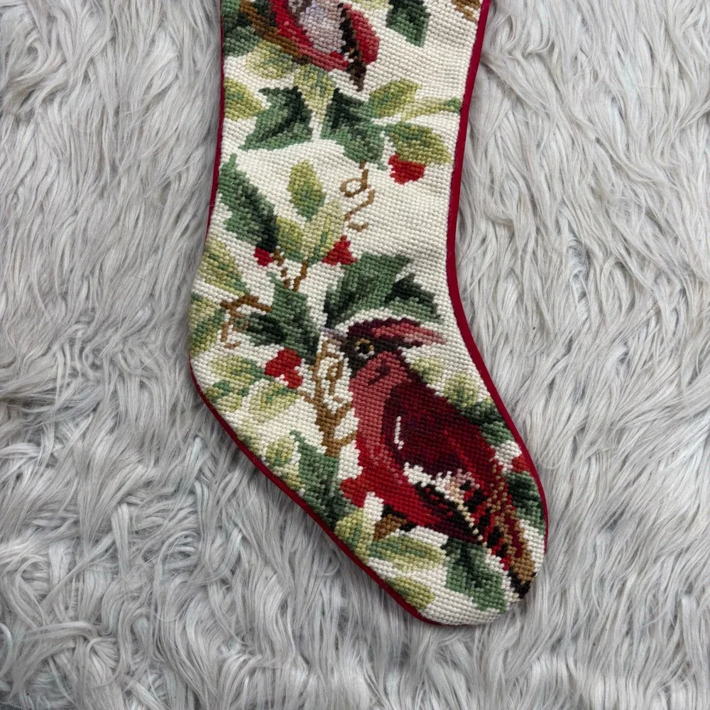 Vintage Cross Stitch Cardinal Bird Motif Velvet Back Skinny Stocking Christmas